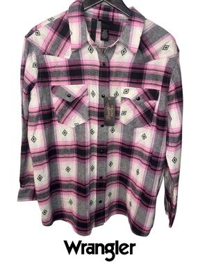 Wrangler Retro Women's Pearl Snap Western Rodeo Shirt Pink & Black Plaid Design